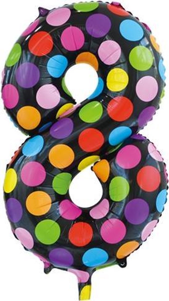 Folie ballon cijfer 8 in het zwart met gekleurde stippen 86 cm