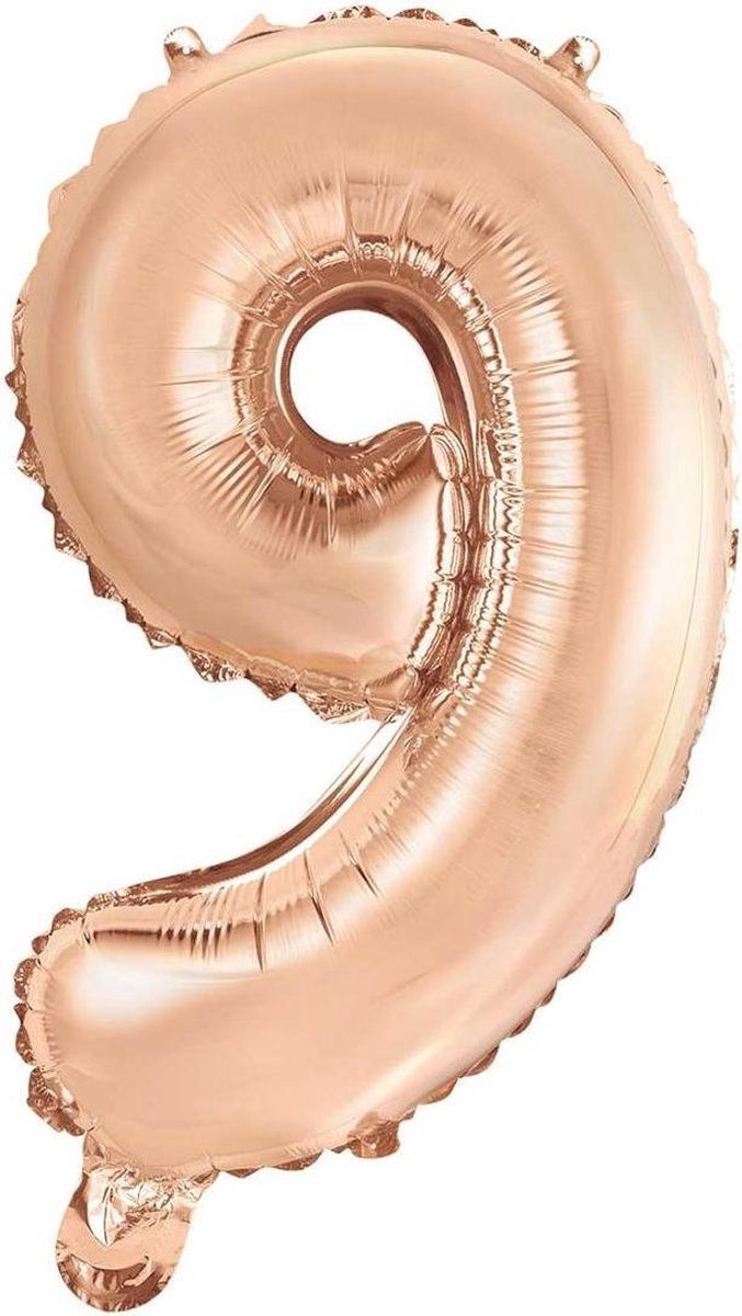 Folie Ballon Cijfer 9 Rosé Goud 41cm met Rietje