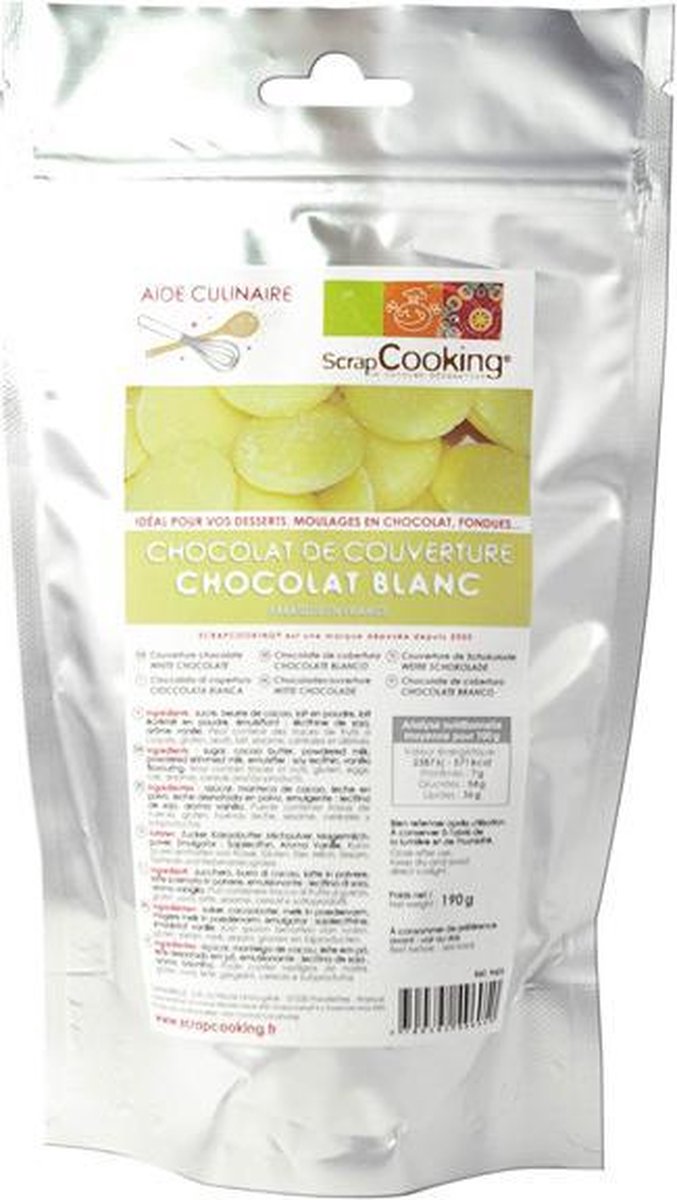 ScrapCooking Hersluitbare zak met couverture pucks van witte chocolade - 190 gram