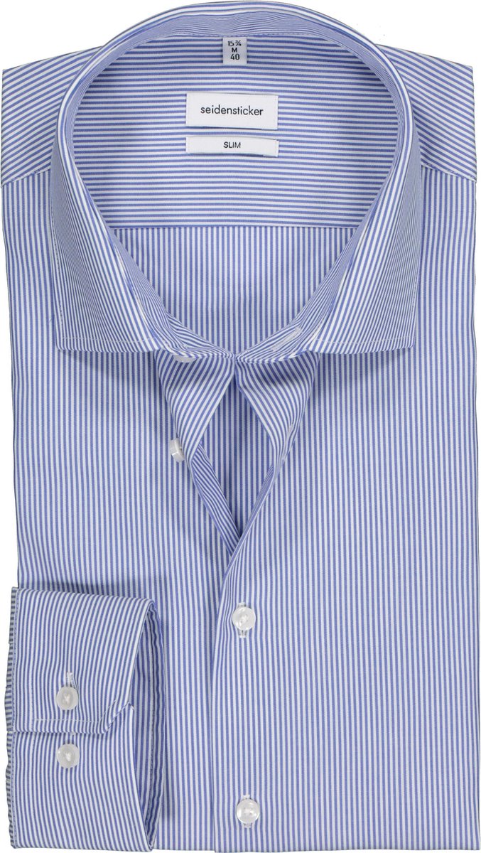 Seidensticker slim fit overhemd - blauw gestreept - Strijkvrij - Boordmaat: 37