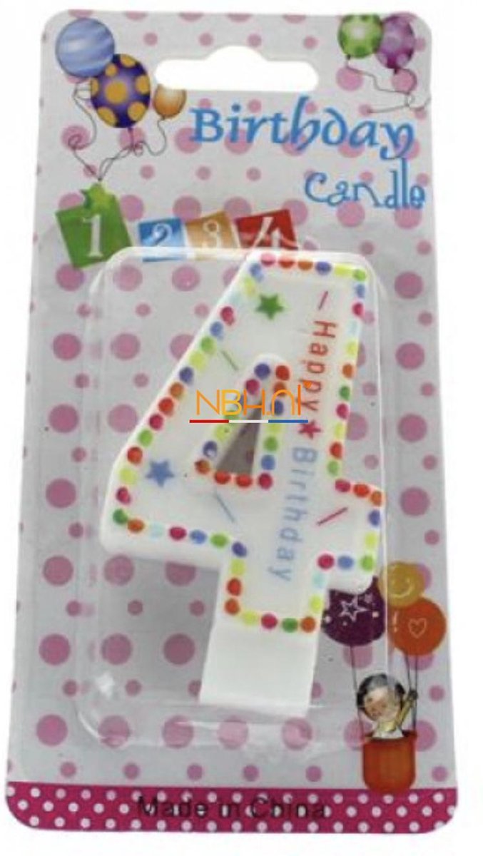 Taartkaars -cijfer  4 - Dots and stars  - Verjaardags kaars