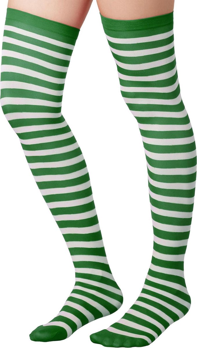 dressforfun - Gestreepte overknee-kousen groen-wit   - verkleedkleding kostuum halloween verkleden feestkleding carnavalskleding carnaval feestkledij partykleding - 303445