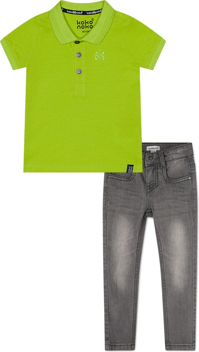 Koko Noko BIO Basics Set(2delig) Jeans NOX GREY en Polo Neon yellow - Maat 122/128