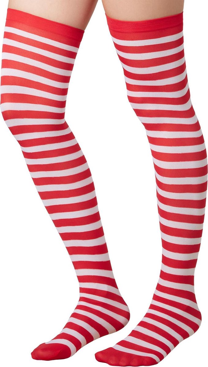 dressforfun - Gestreepte overknee-kousen rood-wit   - verkleedkleding kostuum halloween verkleden feestkleding carnavalskleding carnaval feestkledij partykleding - 303443