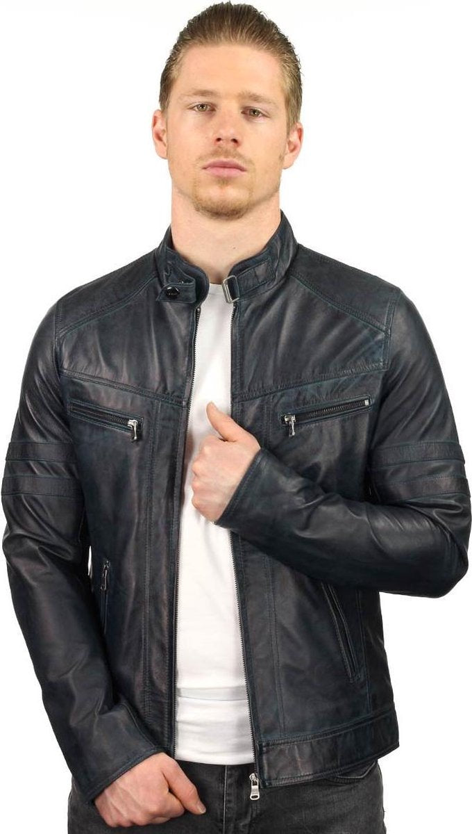 Versano Dallas Leren Heren Bikerjack Heren Jack M - Blauw