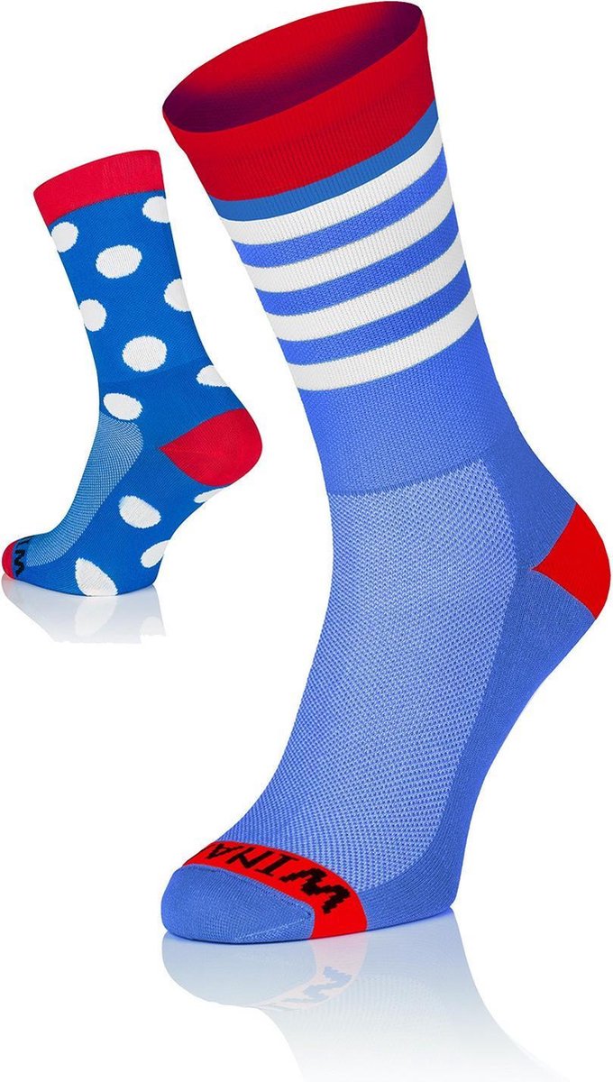 Winaar BRW Fietssokken Blauw/Rood/Wit Strepen & Stippen Maat XS (36-38)