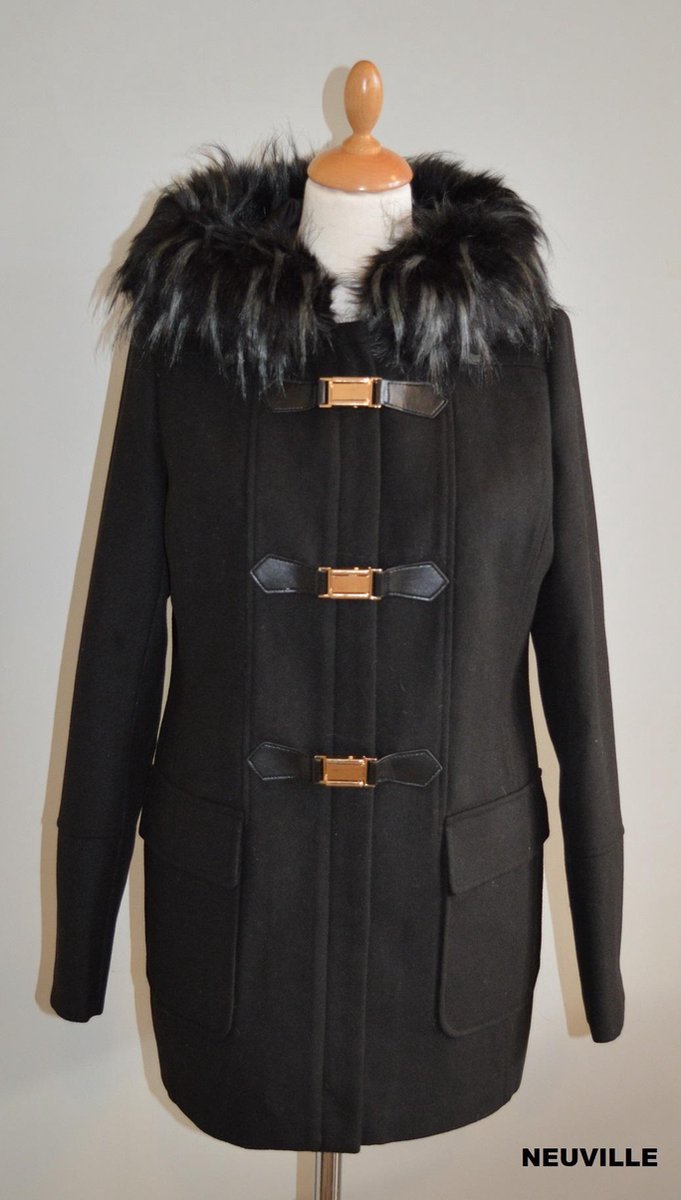 C&D casual wear NEUVILLE BLACK duffelcoat met geboruurde kap en opezette zakken maat 38