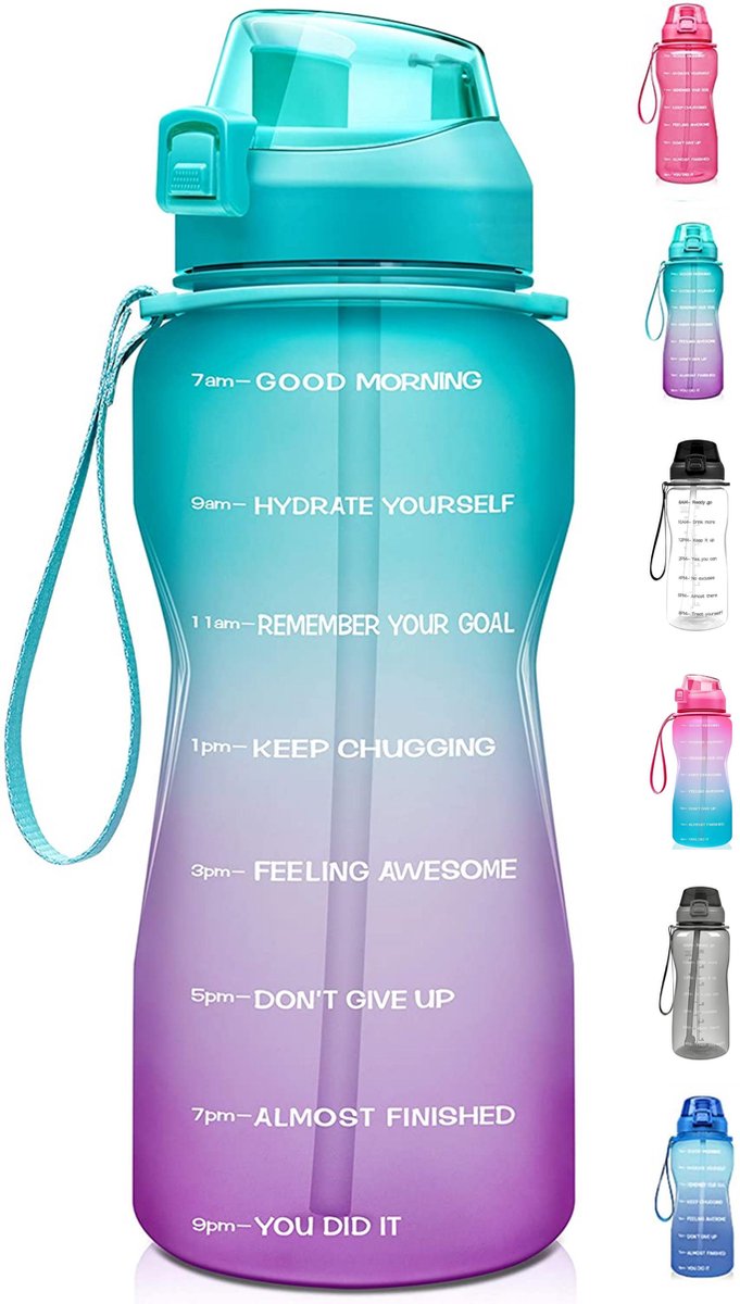 FLOOQ - Waterfles - Bidon - Sportdrankfles - Grote waterfles - Rietje - 2 Liter - Lekvrij - Tijdsmarkering - Motivatie Waterfles - Groen/Paars