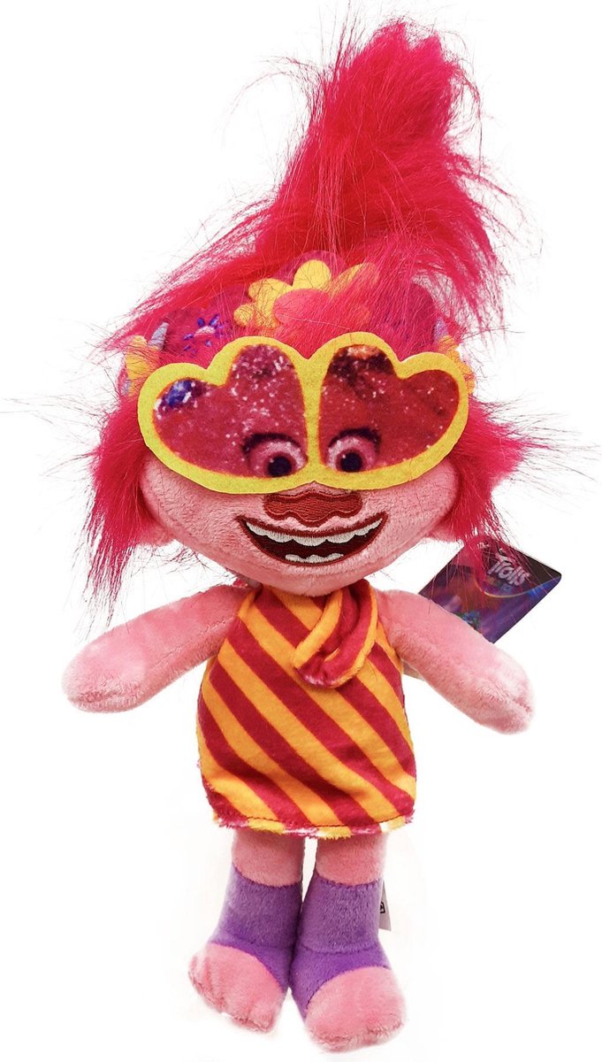 Trolls World Tour - Poppy - Streepjes Jurk - Pluche Knuffel Pop - 35 cm