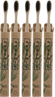 Set van 5 Natuurlijke Bamboe Tandenborstels - Duurzaam - Ecologisch - Zachte Haren - 100% duurzaam - Houtskool Haren - Kwalitatieve Tandenborstel uit Afbreekbaar Bamboo