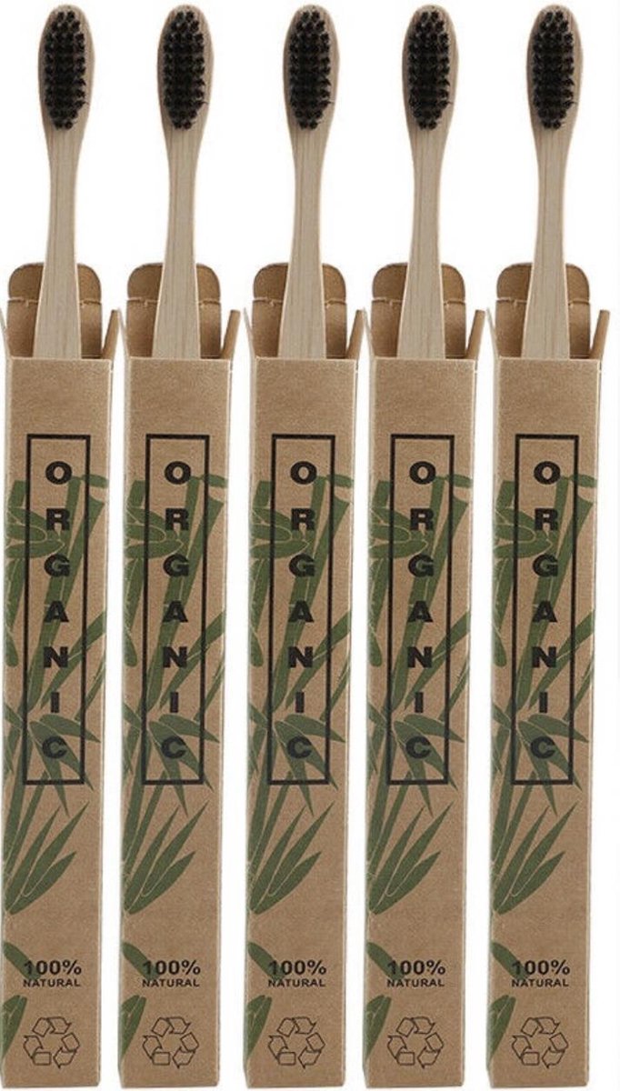 Set van 5 Natuurlijke Bamboe Tandenborstels - Duurzaam - Ecologisch - Zachte Haren - 100% duurzaam - Houtskool Haren - Kwalitatieve Tandenborstel uit Afbreekbaar Bamboo