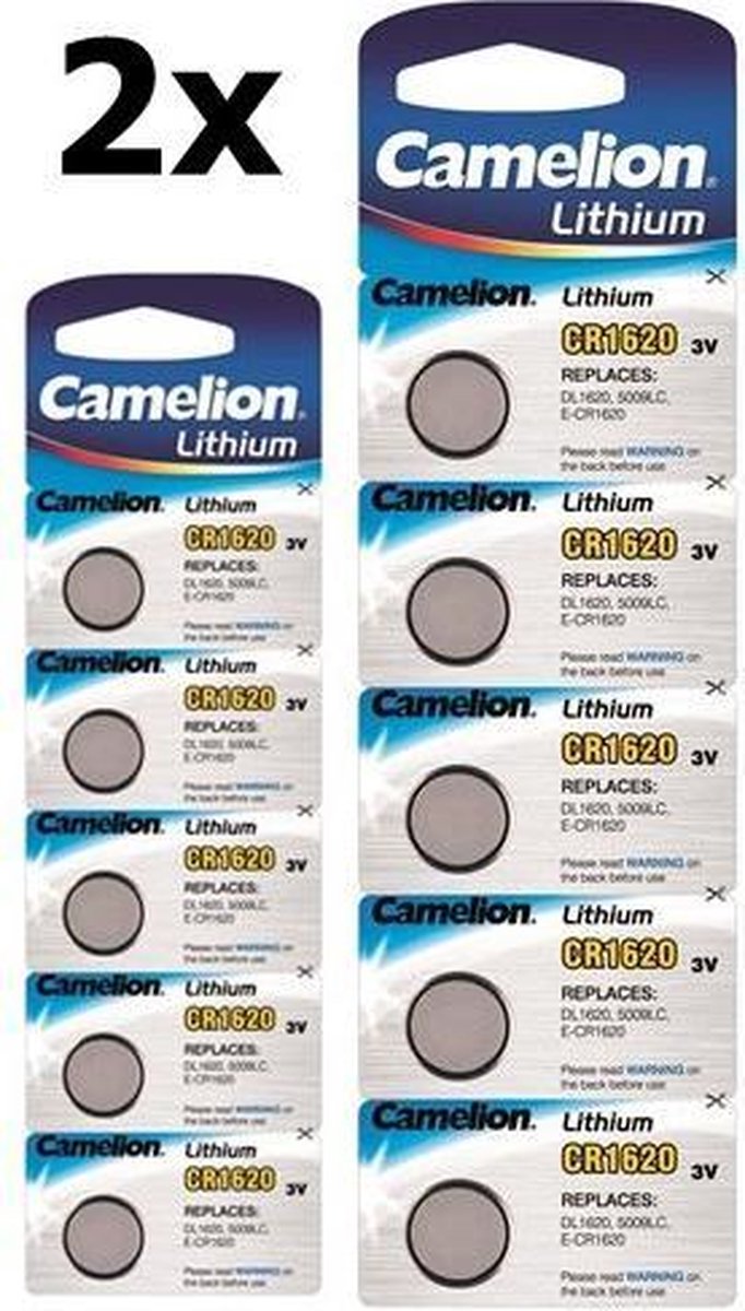 10 Stuks (2 Blister a 5st) Camelion CR1620 3v lithium knoopcelbatterij
