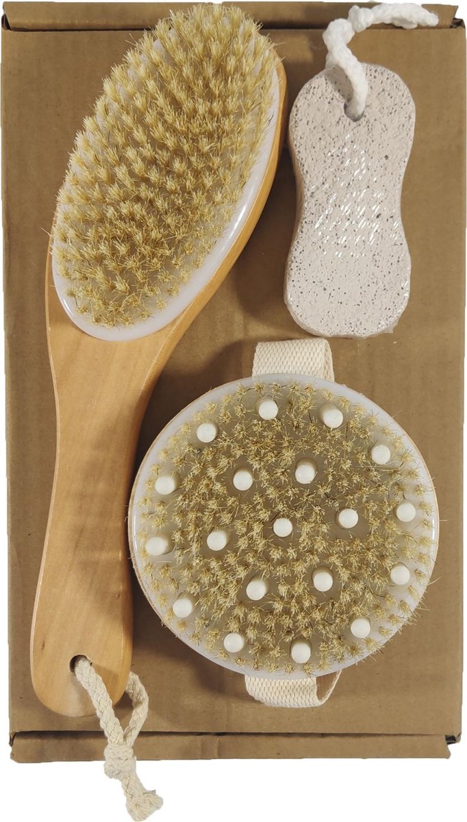 3 in 1 Bamboe Doucheborstel Set | Gezichtsborstel | Dry Brush | Douche Borstel | Badborstel | Voet/Eelt Vijl | Anti-Cellulitis | Rugborstel | Haarborstel | Scrubborstel | Bamboo
