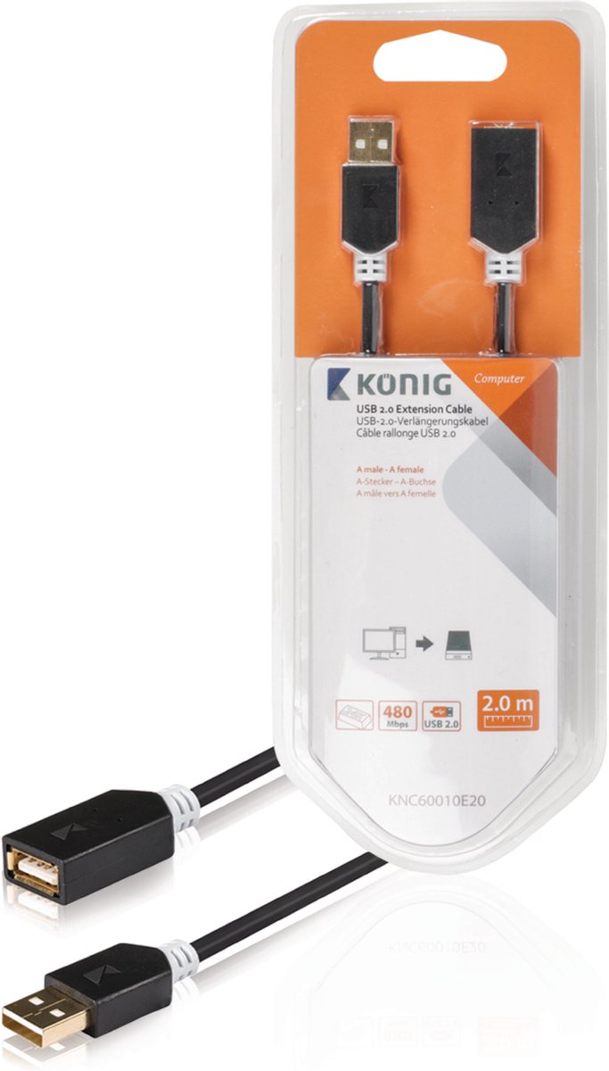 Konig - USB 2.0 A Male naar USB 2.0 A Female - 2 m