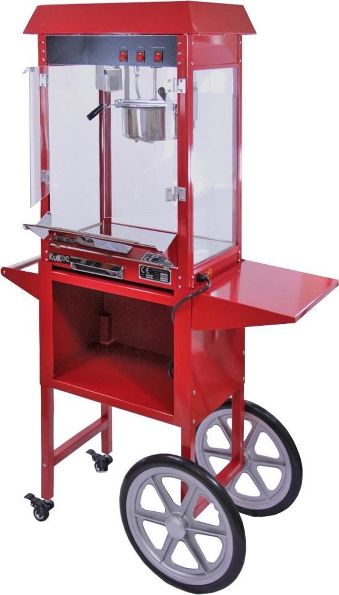 KuKoo Popcorn Machine & Kar/Onderstel - Retro look - Grote 235ml pan - Hittelamp - afmetingen: 56cm (b) x 75cm (h) x 42cm (d) - Bruiloft - evenementen - braderie
