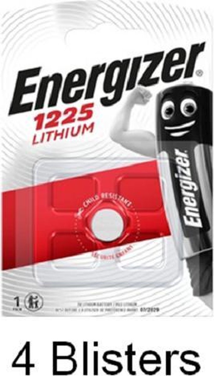 4 stuks (4 blisters a 1 stuk) Energizer CR1225 Lithium knoopcel 3V