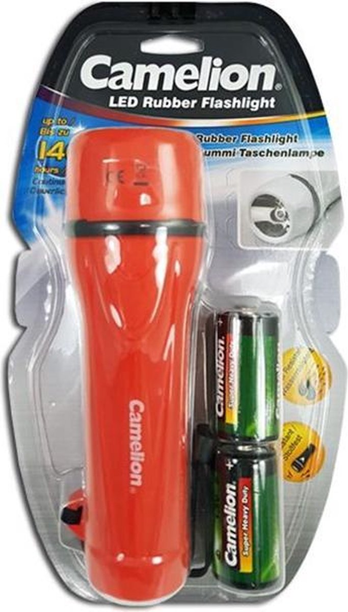 Camelion rubber zaklamp inclusief 2x D R20 batterijen - Rood