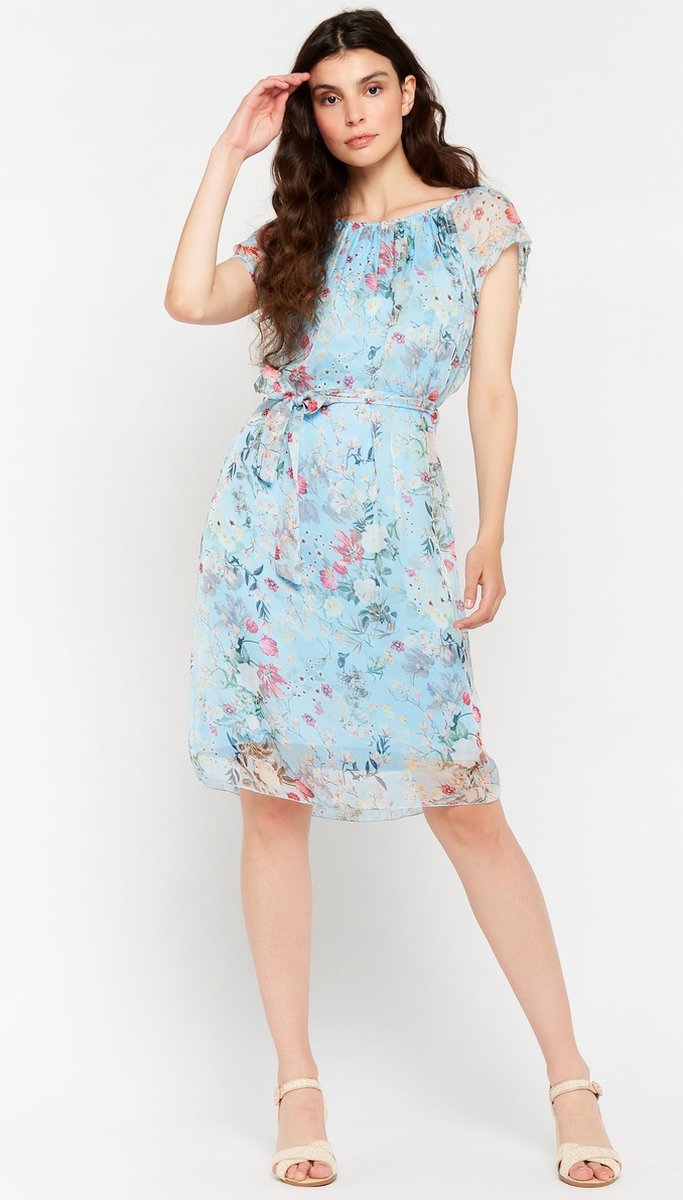 Halflange jurk met bloemen en ceintuur - Blauw