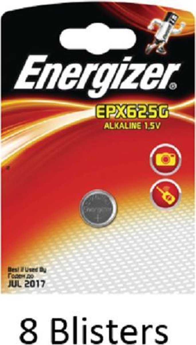 8 stuks (8 blisters a 1 stuk) Energizer Alkaline knoopcel 625A  1.5V EPX625G
