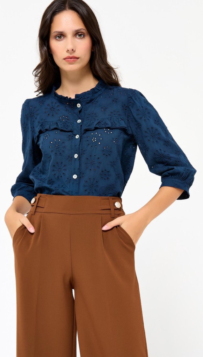 Blouse met ruches en bloemen - Marine Blauw