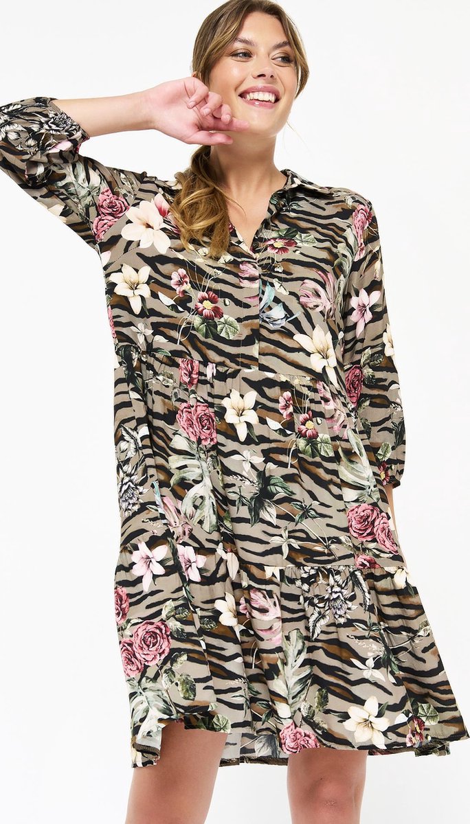 Overhemdjurk met bloemenprint - Khaki