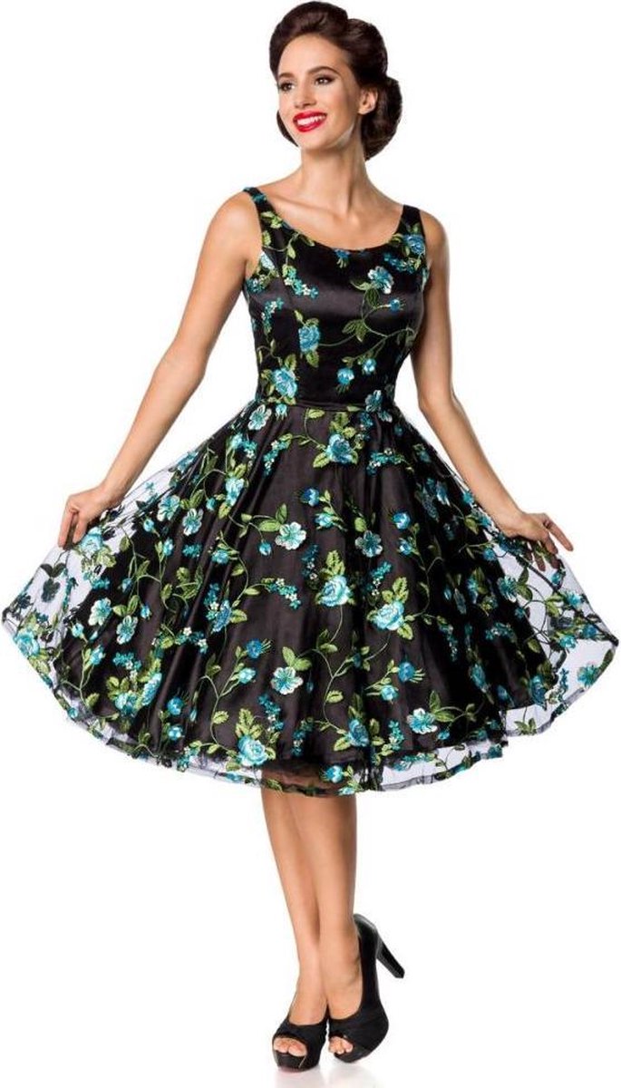 Belsira Swing jurk -M- Vintage Flower Zwart/Blauw