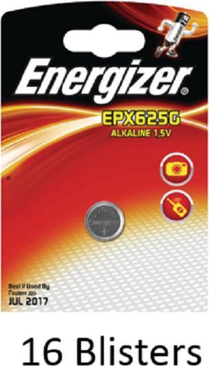16 stuks (16 blisters a 1 stuk) Energizer Alkaline knoopcel 625A  1.5V EPX625G