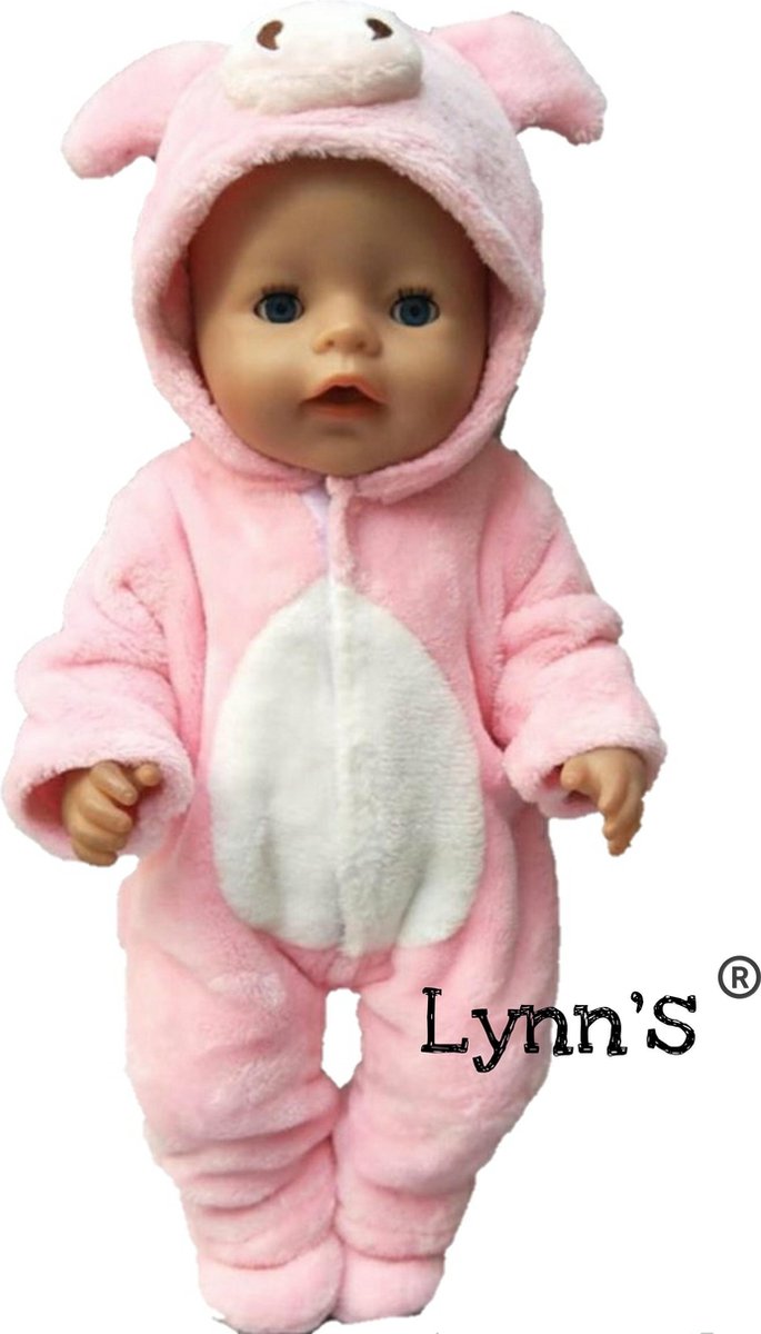 Poppenkleertjes | Geschikt voor Baby Born | Varken onesie met slofjes | Roze | Met capuchon | Pyjama
