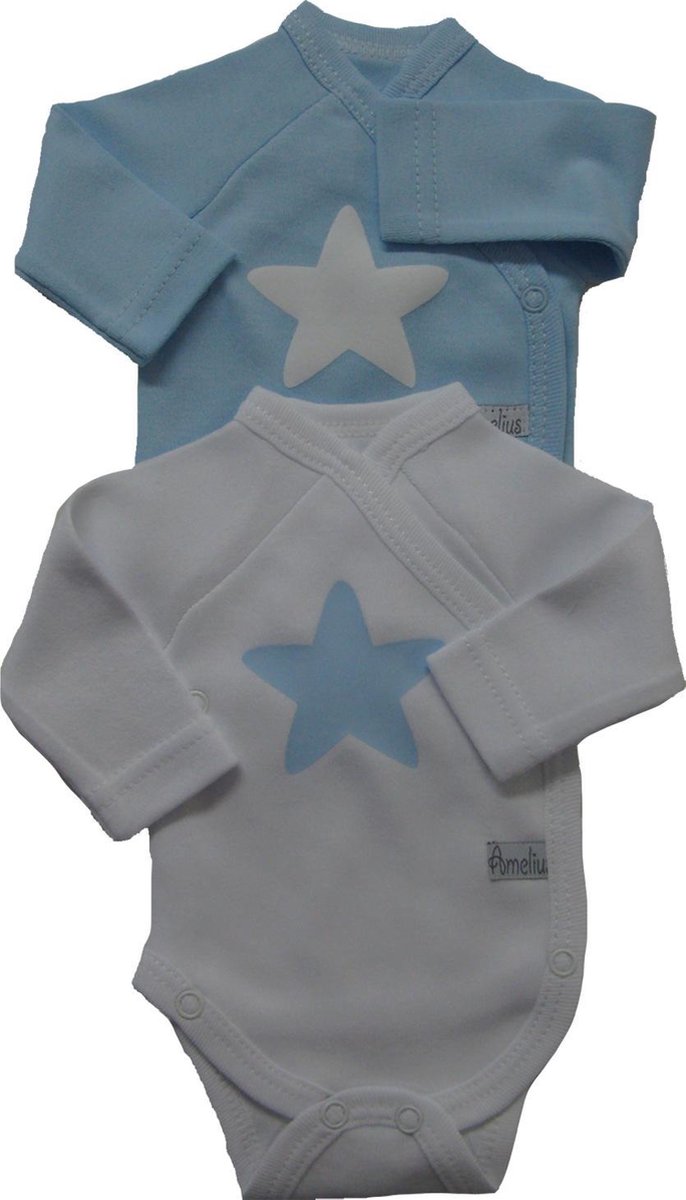 Prematuur Romper set blauw lange mouw met opdruk maat 44