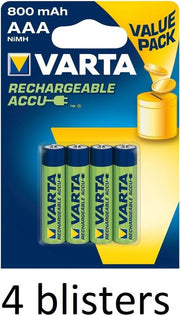 16 stuks (4 blisters a 4 stuks) Varta Rechargeable Accu AAA 800 mAh