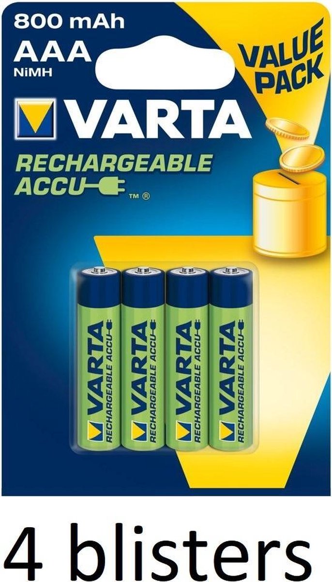 16 stuks (4 blisters a 4 stuks) Varta Rechargeable Accu AAA 800 mAh