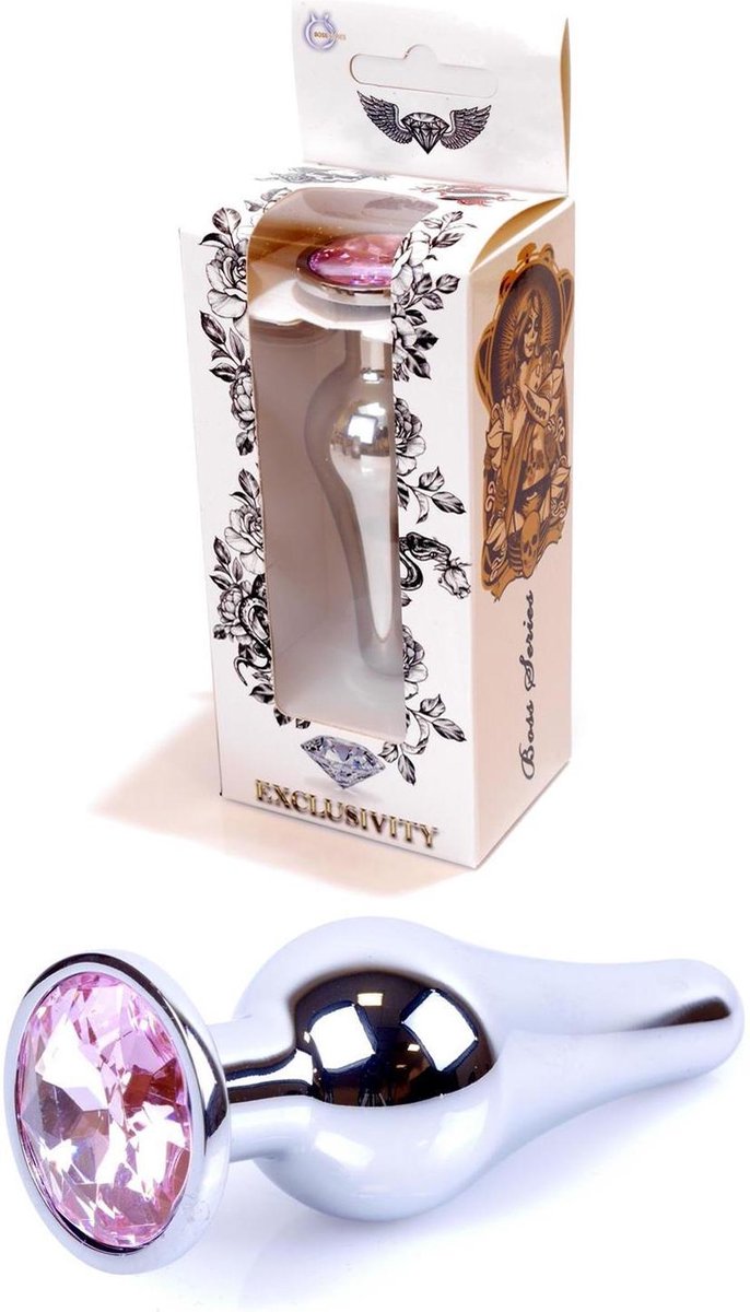 Bossoftoys -Silver Big Butt Plug - Anal Plug With Pink Stone - Length 9 Cm - Dia 2