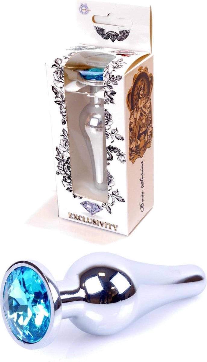 Bossoftoys -Silver Big Butt Plug - Anal Plug With Light Blue Stone - Length 9 Cm - Dia 2