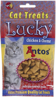 Antos katten snack 1 zakje met Katten traktatie Lucky Kip en Kaas van 50 gram.