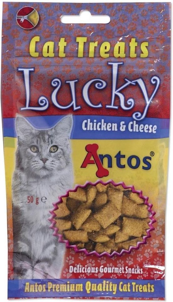 Antos katten snack 1 zakje met Katten traktatie Lucky Kip en Kaas van 50 gram.