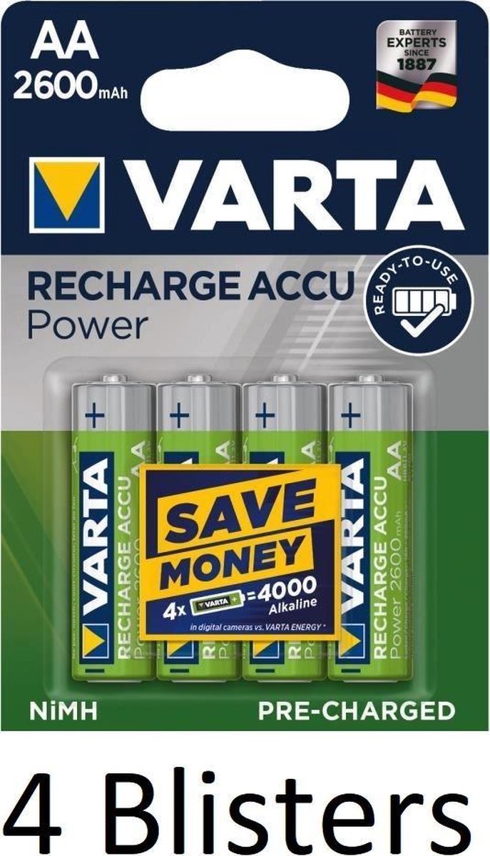 16 Stuks (4 Blisters a 4 st) Varta AA Oplaadbare Batterijen 2600 MAH