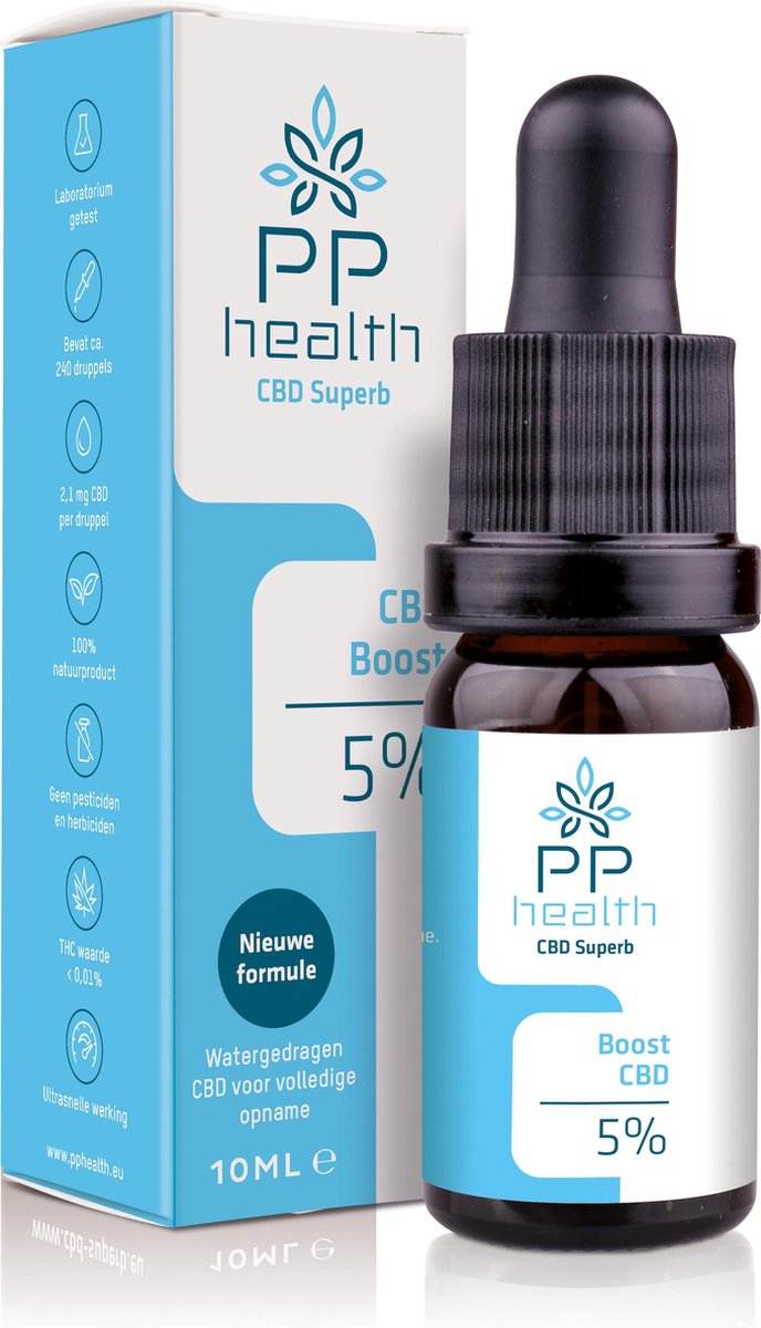 PP Health - CBD Boost 5% - 500mg - Unieke watergedragen nieuwe formule voor volledige opname - Eenvoudig in te nemen met water - Inhoudelijke product certificering - 5 ml