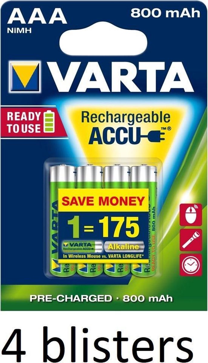 16 stuks(4 blisters a 4 stuks) Varta AAA Oplaadbare Batterijen - 800mAh