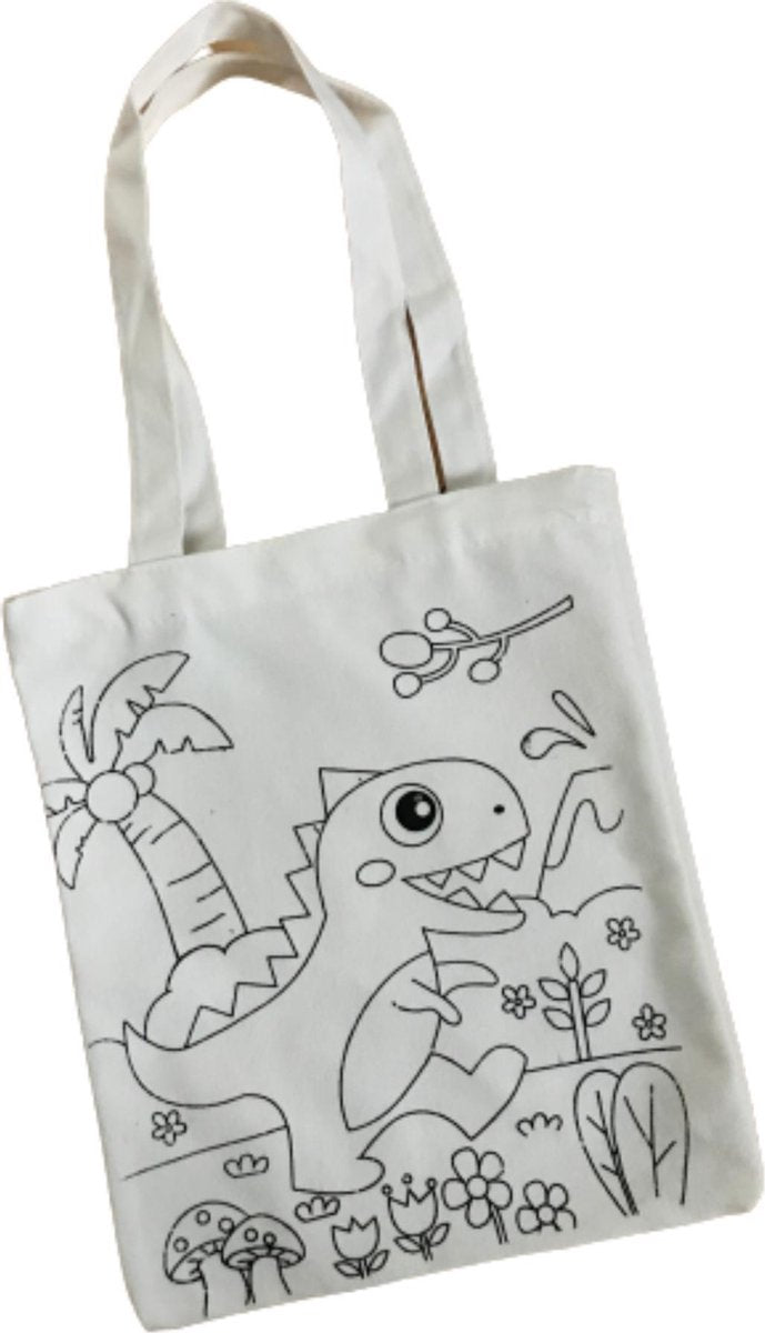 tasje dino | diy pakket | voorbedrukte linnen tas | cadeautje | cadeautje tot 10 euro | linnen tasje | creatief kinderen | hobbypakket | Blijderij