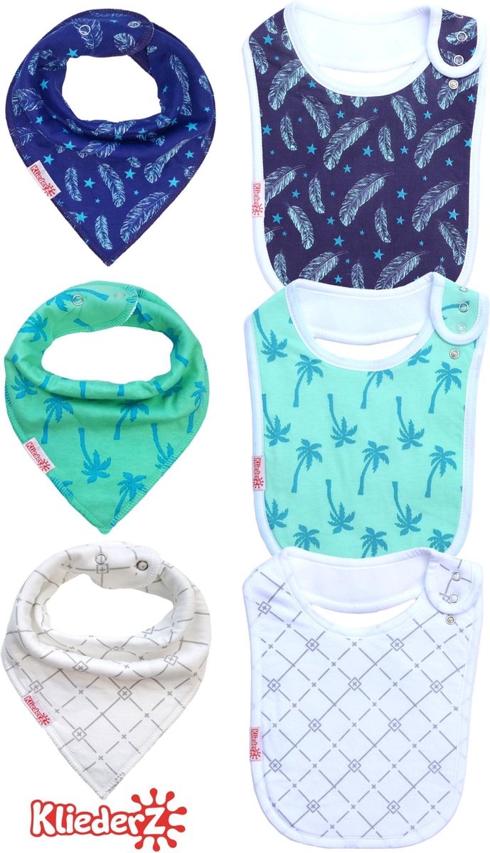KliederZ® slabbetjes combi set 6 stuks | Bandana kwijl puntslabben +  eetslabben ORGANISCH katoen | Waterproof fleece laag | Baby en peuter slabbers verstelbaar | Hippe puntsjaaltjes met palmbomen veertjes jungle jongens | 4 mnd tot 4 jaar