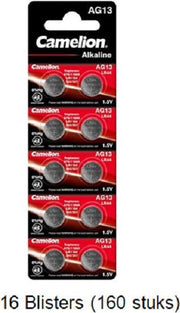 160 stuks (16 blisters a 10 stuks) Camelion Alkaline LR44 AG13 1.5V 0% Mecury
