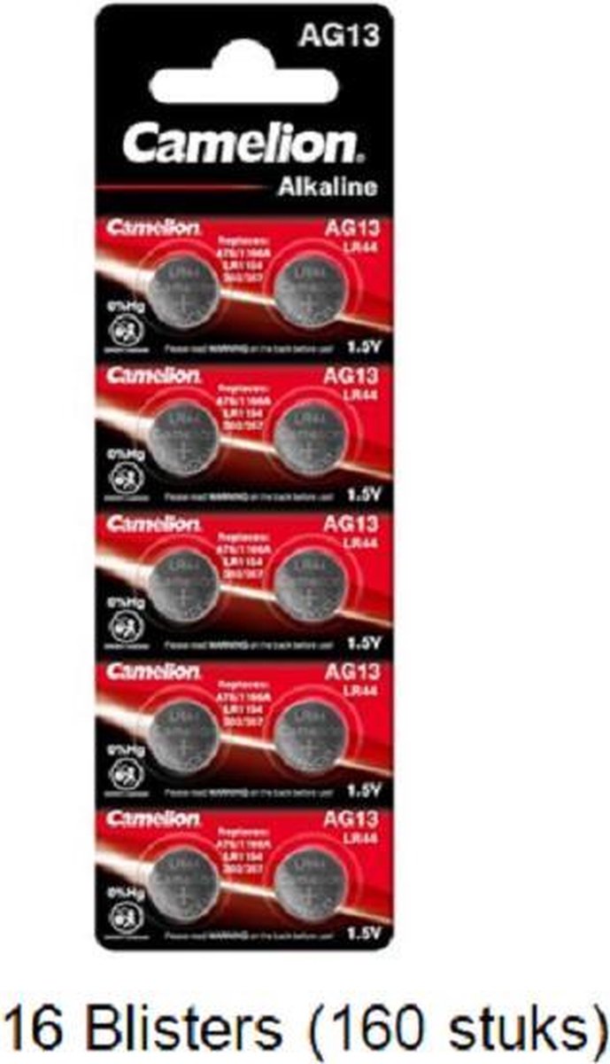 160 stuks (16 blisters a 10 stuks) Camelion Alkaline LR44 AG13 1.5V 0% Mecury