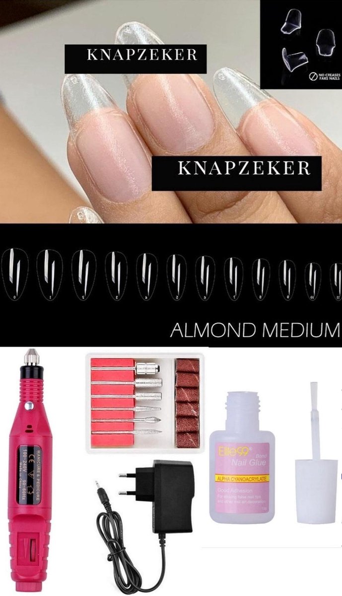 GEL Flex Nepnagels plaknagels almond shape - Fake nails- Nageltips 250 Stuks  Transparant / Clear Tips + met lijm +Elektrische Nagelvijl - Polijststift - Nagel Boor Kit - Pedicure Nail Art - Nagelfrees - 6 bitjes