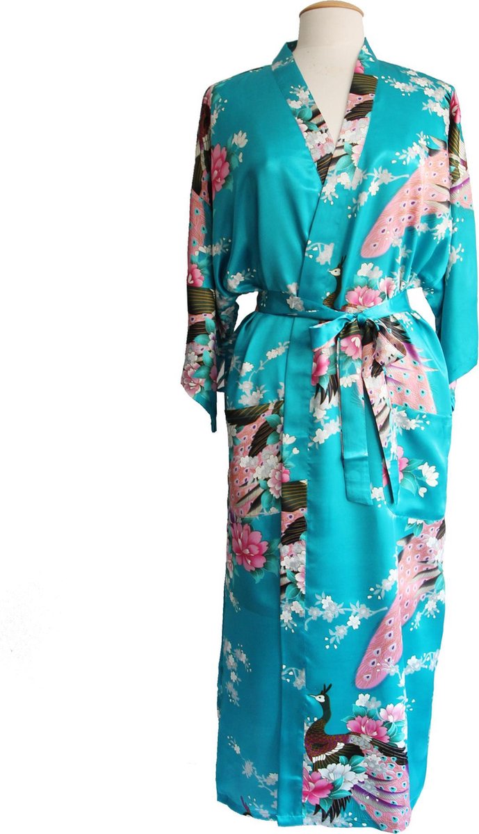 KIMU® kimono turquoise satijn - maat M-L - ochtendjas yukata blauw kamerjas badjas - boven de enkels