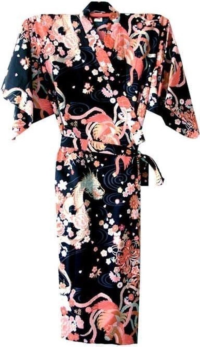 Traditionele Japanse Kimono Yukata Zwart met Draak en Phoenix 100% katoen