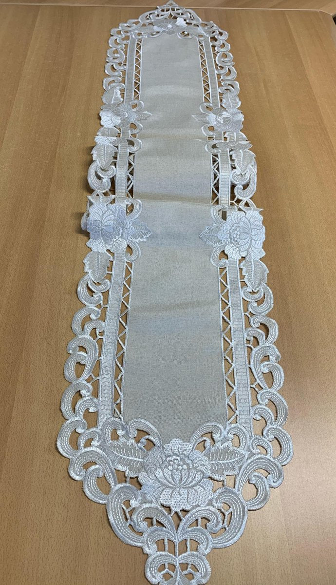Tafelkleed serie - Linnenlook - Creme met bloem - Loper 160