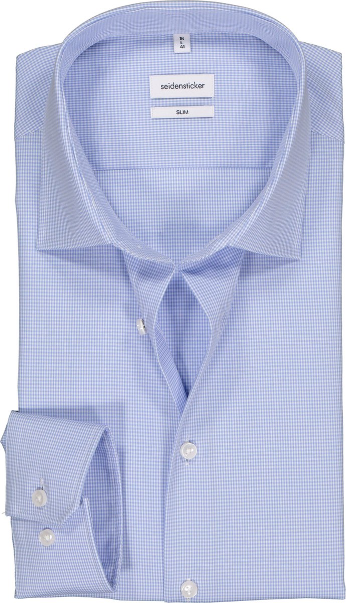 Seidensticker slim fit overhemd - lichtblauw geruit - Strijkvrij - Boordmaat: 41