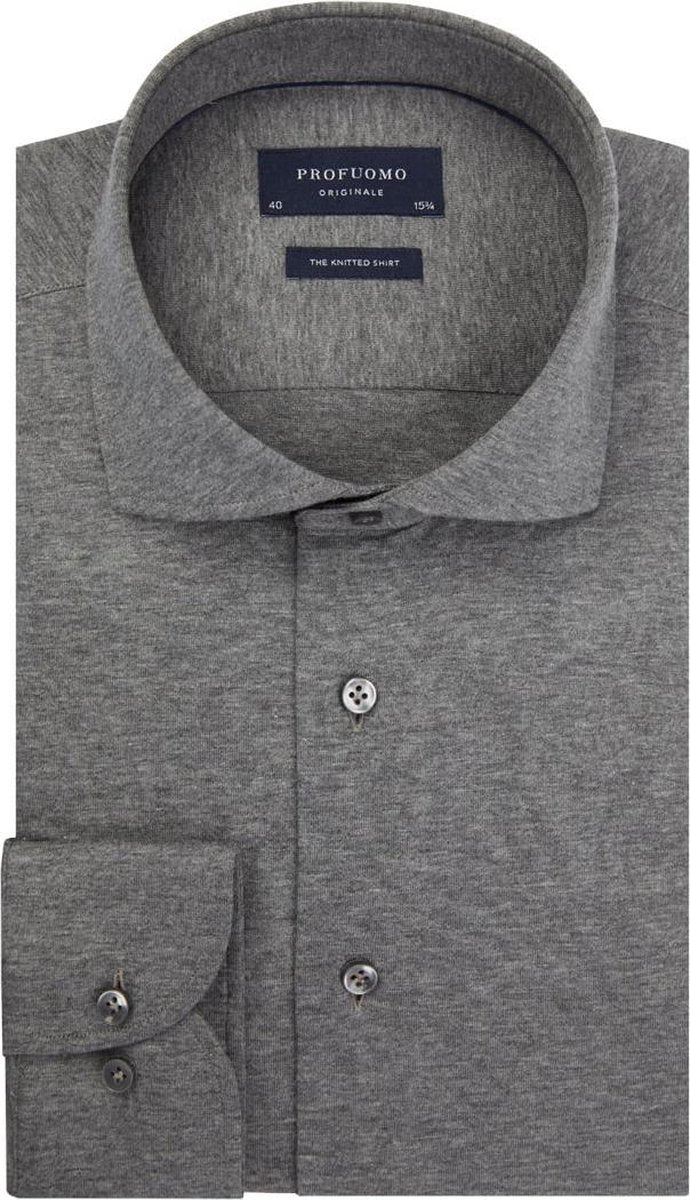 Profuomo Originale slim fit jersey overhemd - knitted shirt - antraciet grijs melange - Strijkvrij - Boordmaat: 44