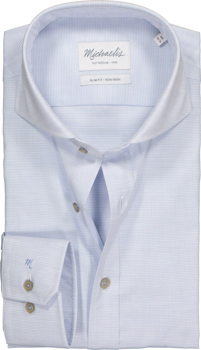 Michaelis Slim Fit overhemd - lichtblauw met wit dwars gestreept - Strijkvrij - Boordmaat: 39
