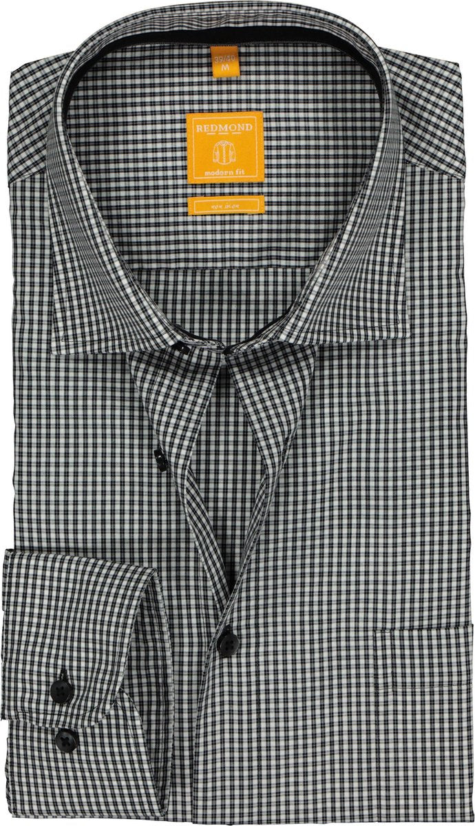 Redmond modern fit overhemd - zwart-wit geruit (contrast) - Strijkvriendelijk - Boordmaat: 47/48